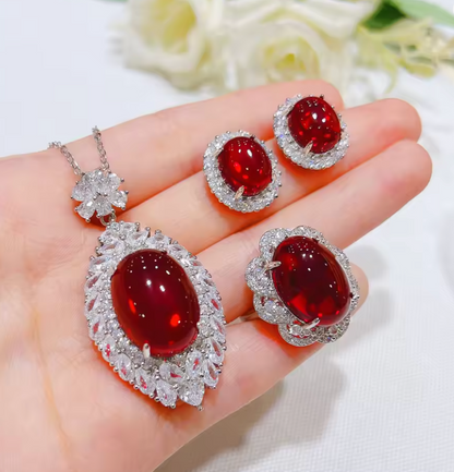 Crimson Empress - July birthstone - Luxury Peridot Ruby Pendant Earring Bracelet & Ring Set For Women