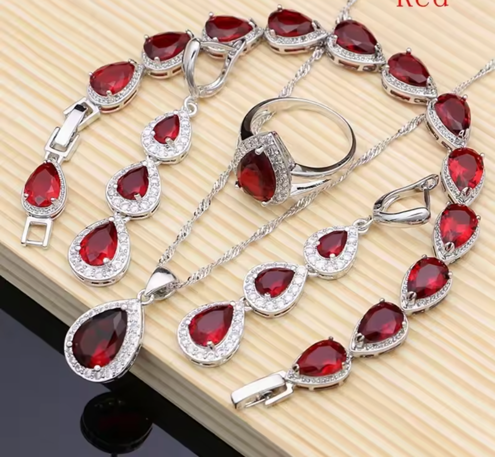 Scarlet Sol - July birthstone - Luxury Peridot Ruby Pendant Earring Bracelet & Ring Set For Women