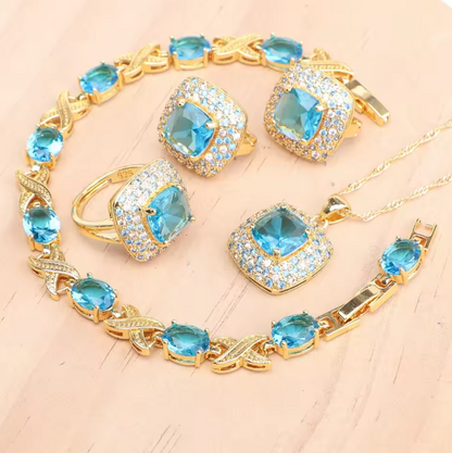 AzureGrace - Luxury Blue Zircon 4-Piece Jewelry Set — Gold-Tone 925 Sterling Silver Necklace, Earrings, Bracelet & Ring