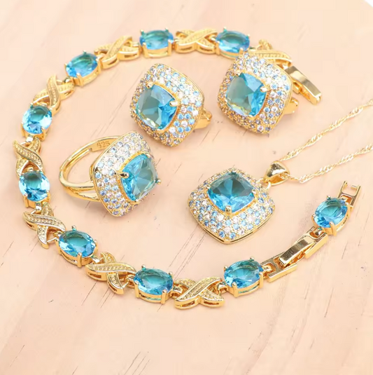 AzureGrace - Luxury Blue Zircon 4-Piece Jewelry Set — Gold-Tone 925 Sterling Silver Necklace, Earrings, Bracelet & Ring