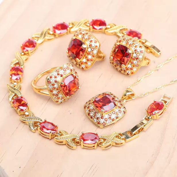 AzureGrace - Luxury Blue Zircon 4-Piece Jewelry Set — Gold-Tone 925 Sterling Silver Necklace, Earrings, Bracelet & Ring