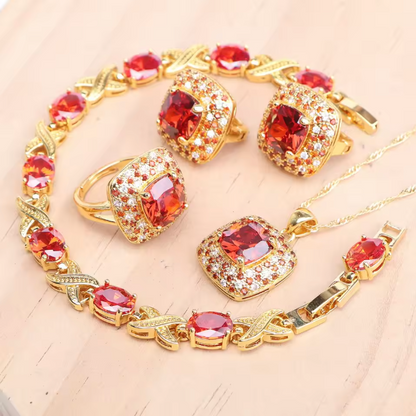 AzureGrace - Luxury Blue Zircon 4-Piece Jewelry Set — Gold-Tone 925 Sterling Silver Necklace, Earrings, Bracelet & Ring