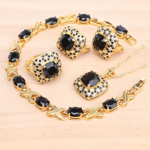 AzureGrace - Luxury Blue Zircon 4-Piece Jewelry Set — Gold-Tone 925 Sterling Silver Necklace, Earrings, Bracelet & Ring