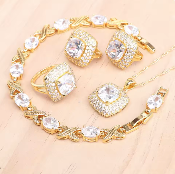 AzureGrace - Luxury Blue Zircon 4-Piece Jewelry Set — Gold-Tone 925 Sterling Silver Necklace, Earrings, Bracelet & Ring