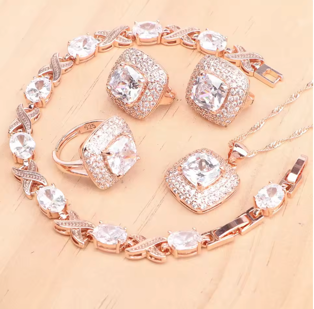 AzureGrace - Luxury Blue Zircon 4-Piece Jewelry Set — Gold-Tone 925 Sterling Silver Necklace, Earrings, Bracelet & Ring