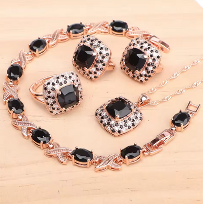 AzureGrace - Luxury Blue Zircon 4-Piece Jewelry Set — Gold-Tone 925 Sterling Silver Necklace, Earrings, Bracelet & Ring