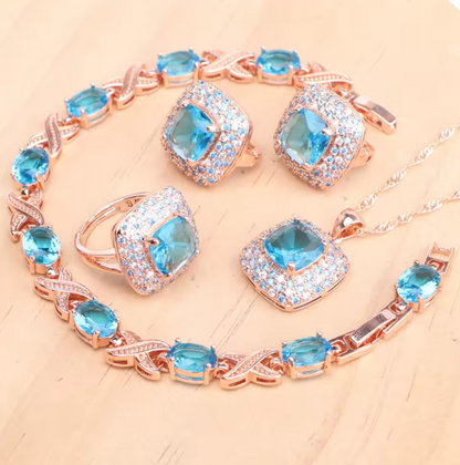 AzureGrace - Luxury Blue Zircon 4-Piece Jewelry Set — Gold-Tone 925 Sterling Silver Necklace, Earrings, Bracelet & Ring