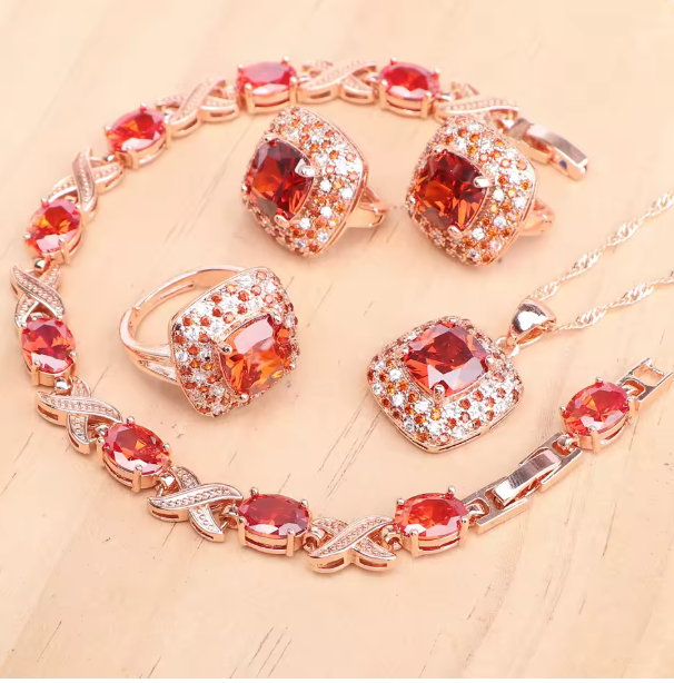 AzureGrace - Luxury Blue Zircon 4-Piece Jewelry Set — Gold-Tone 925 Sterling Silver Necklace, Earrings, Bracelet & Ring