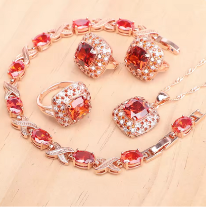 AzureGrace - Luxury Blue Zircon 4-Piece Jewelry Set — Gold-Tone 925 Sterling Silver Necklace, Earrings, Bracelet & Ring