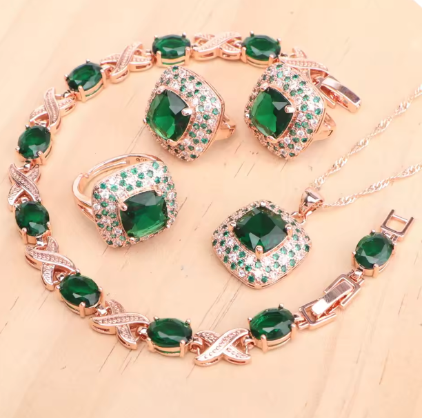 AzureGrace - Luxury Blue Zircon 4-Piece Jewelry Set — Gold-Tone 925 Sterling Silver Necklace, Earrings, Bracelet & Ring