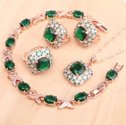 AzureGrace - Luxury Blue Zircon 4-Piece Jewelry Set — Gold-Tone 925 Sterling Silver Necklace, Earrings, Bracelet & Ring