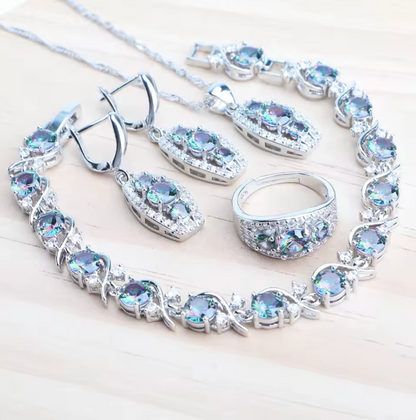 LapisBloom - 925 Sterling Silver Bridal Jewelry Set — Blue Zircon Necklace, Earrings, Bracelet & Ring