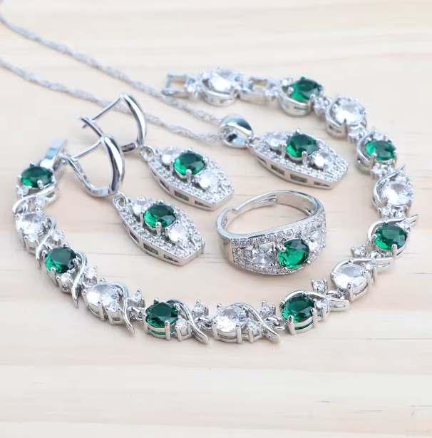 LapisBloom - 925 Sterling Silver Bridal Jewelry Set — Blue Zircon Necklace, Earrings, Bracelet & Ring