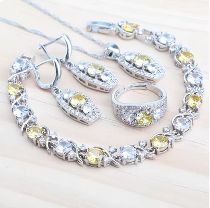 LapisBloom - 925 Sterling Silver Bridal Jewelry Set — Blue Zircon Necklace, Earrings, Bracelet & Ring