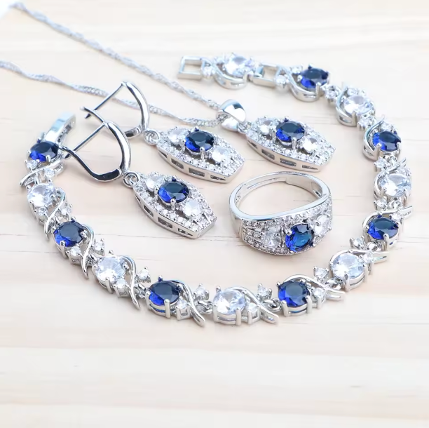 LapisBloom - 925 Sterling Silver Bridal Jewelry Set — Blue Zircon Necklace, Earrings, Bracelet & Ring
