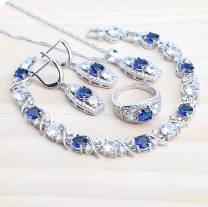 LapisBloom - 925 Sterling Silver Bridal Jewelry Set — Blue Zircon Necklace, Earrings, Bracelet & Ring