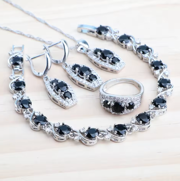 LapisBloom - 925 Sterling Silver Bridal Jewelry Set — Blue Zircon Necklace, Earrings, Bracelet & Ring