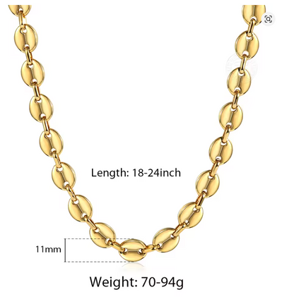 Coffee Beans Link Chain 7/9/11MM Gold Silver Necklace