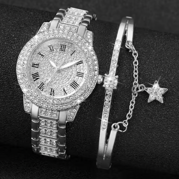 Eternal Glow Set - 2PCS/Set Women's Watch Fashion Full Diamond Roman Dial Steel Band Quartz Watch Rhinestone Heart Bracelet Set（Without Box）