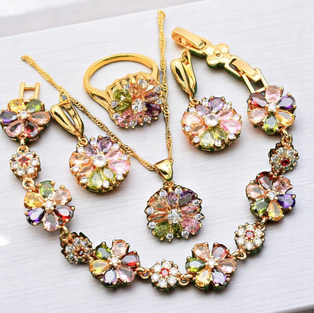 Garden of Jewels - Gold & Silver Hand - Crafted Pendant Earring Bracelet & Ring Set For Women