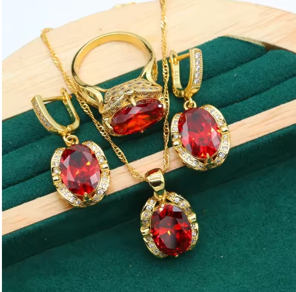 Summer Ember - July birthstone - Luxury Peridot Ruby Pendant Earring Bracelet & Ring Set For Women