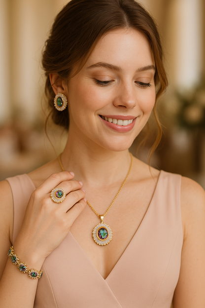 Lavender Flame of Sekhmet - Luxury Peridot Ruby Pendant Earring Bracelet & Ring Set For Women