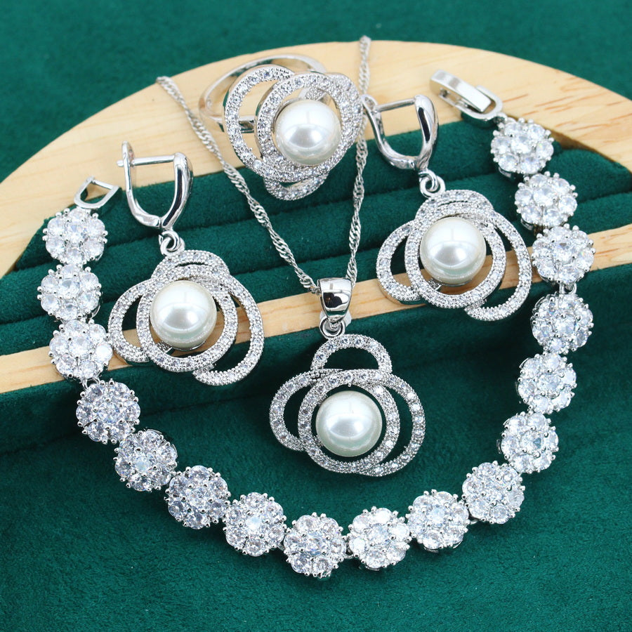 Crystal Leaf Silver Pearl Pendant Earring Bracelet & Ring Set For Women