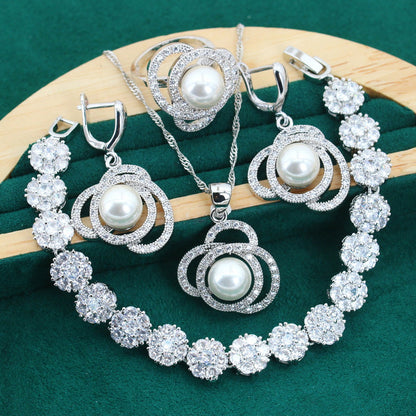 Crystal Leaf Silver Pearl Pendant Earring Bracelet & Ring Set For Women