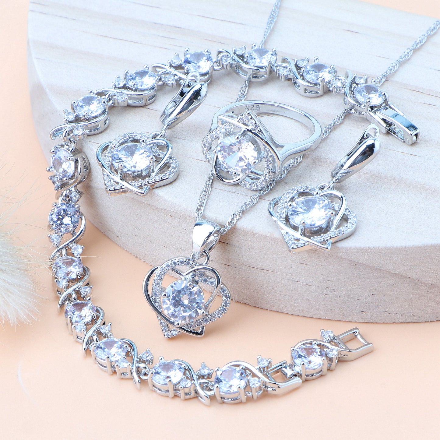 Royal Heart-Shaped Silver Hand - Crafted Gemstone Pendant Earring Bracelet & Ring Set For Women