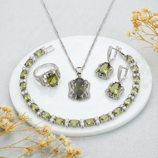 Aurora of Bastet - Luxury Peridot Ruby Pendant Earring Bracelet & Ring Set For Women