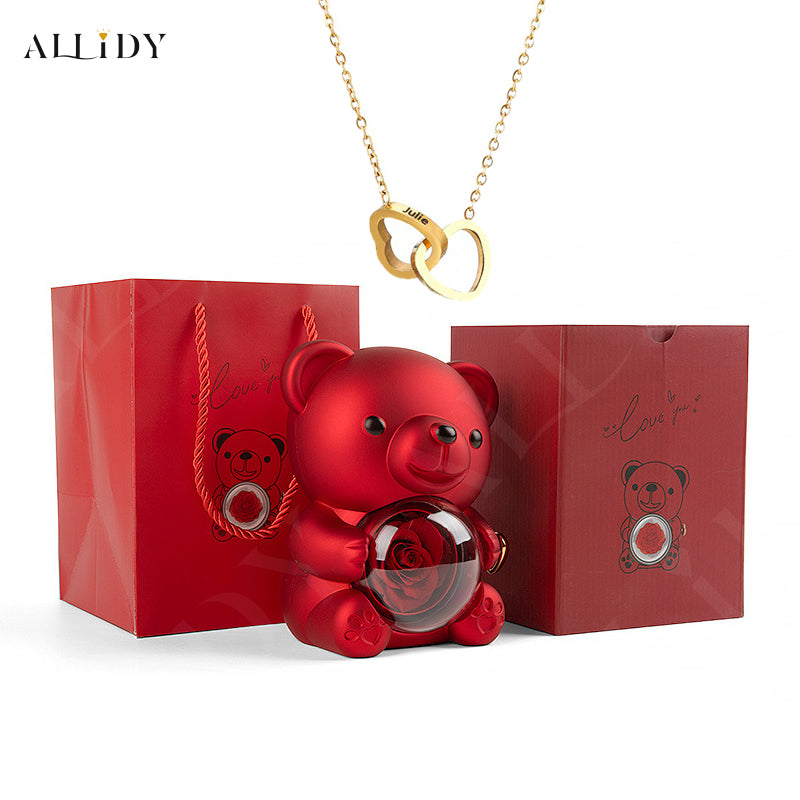 Truly Preserved Eternal Rose Bear Box & Customized Necklace for Mom, Wife, Girlfriend and Grandma on ValentinesDay, Mothers Day