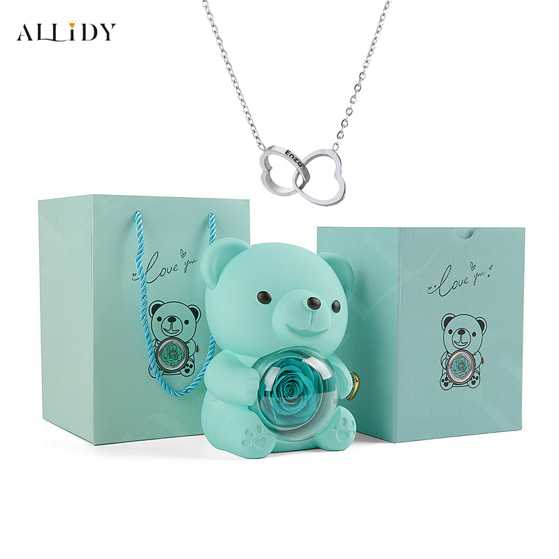 Truly Preserved Eternal Rose Bear Box & Customized Necklace for Mom, Wife, Girlfriend and Grandma on ValentinesDay, Mothers Day
