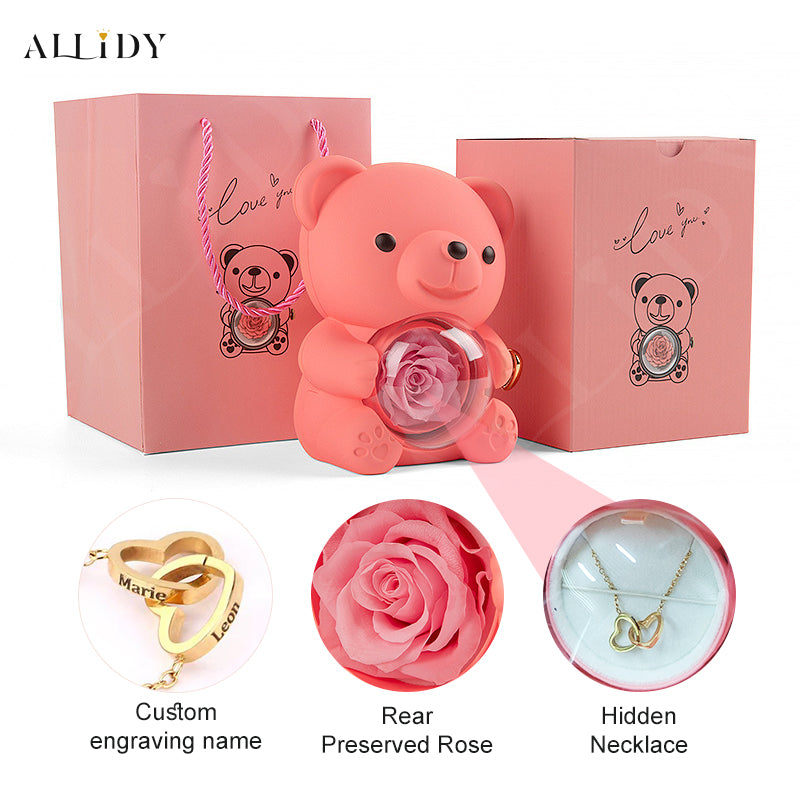 Truly Preserved Eternal Rose Bear Box & Customized Necklace for Mom, Wife, Girlfriend and Grandma on ValentinesDay, Mothers Day