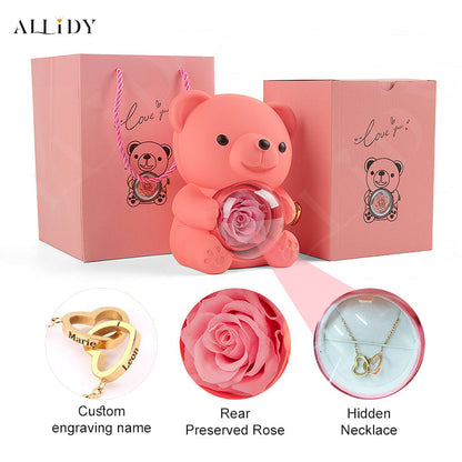 Truly Preserved Eternal Rose Bear Box & Customized Necklace for Mom, Wife, Girlfriend and Grandma on ValentinesDay, Mothers Day