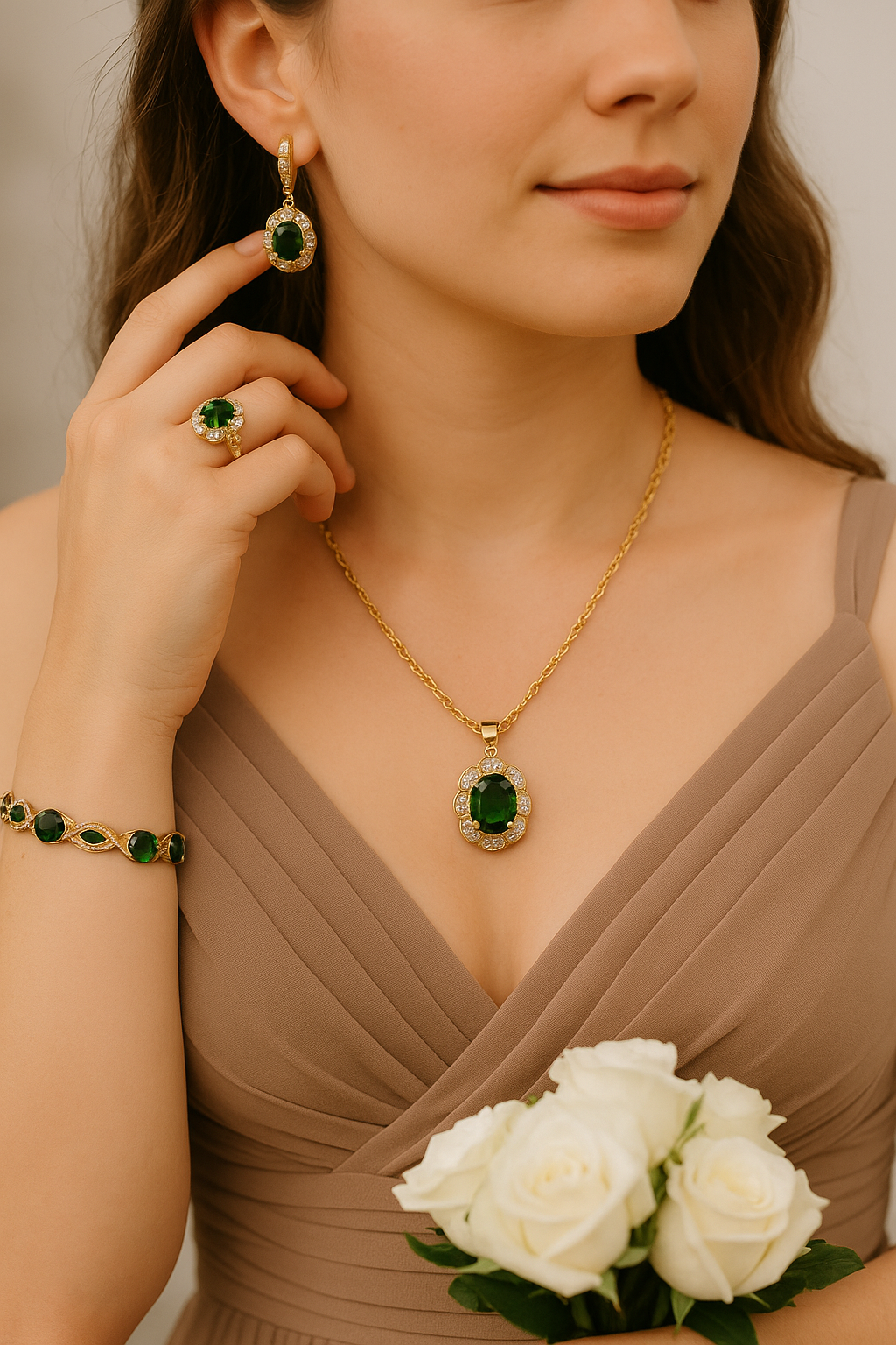 Bastet's Grace - Luxury Peridot Ruby Pendant Earring Bracelet & Ring Set For Women