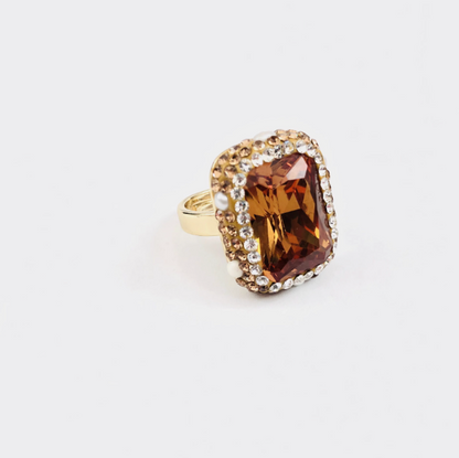 Truly Choose gold ring with large amber stone surrounded by crystals from pearl jewelry set
