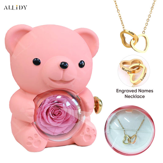 Truly Preserved Eternal Rose Bear Box & Customized Necklace for Mom, Wife, Girlfriend and Grandma on ValentinesDay, Mothers Day