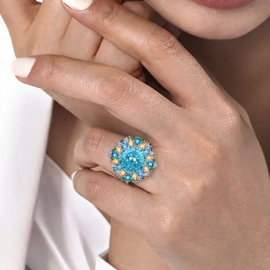 Truly Verdant Light - 5CT Aquamarine Radiant Crystal Cocktail Ring