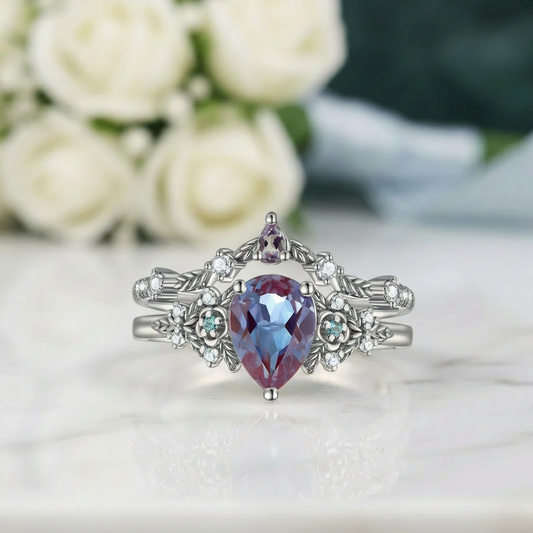 Mystic Bloom Charm - Alexandrite Diamond Pear-cut Nature-Inspired Ring