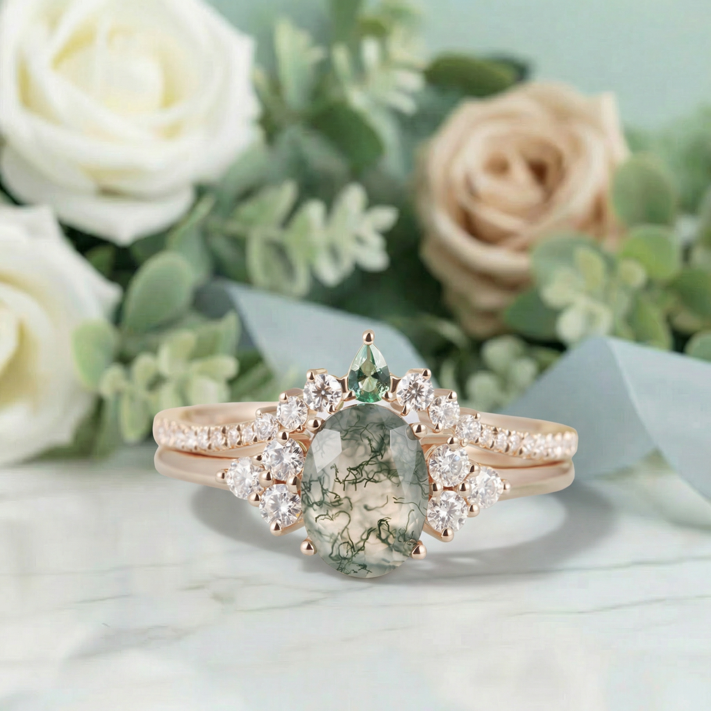 Mossy Meadow Charm - Natural Moss Agate Moissanite Ring