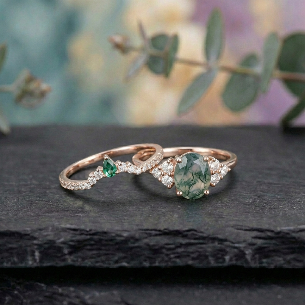 Mossy Meadow Charm - Natural Moss Agate Moissanite Ring