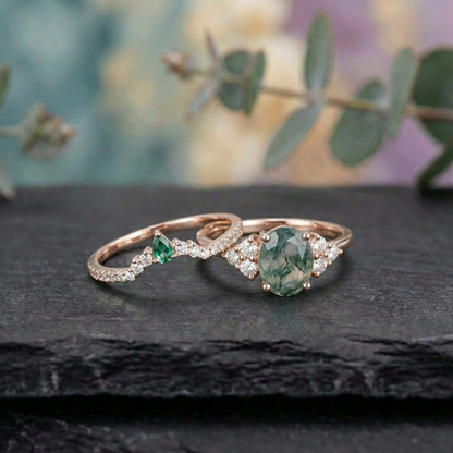 Mossy Meadow Charm - Natural Moss Agate Moissanite Ring