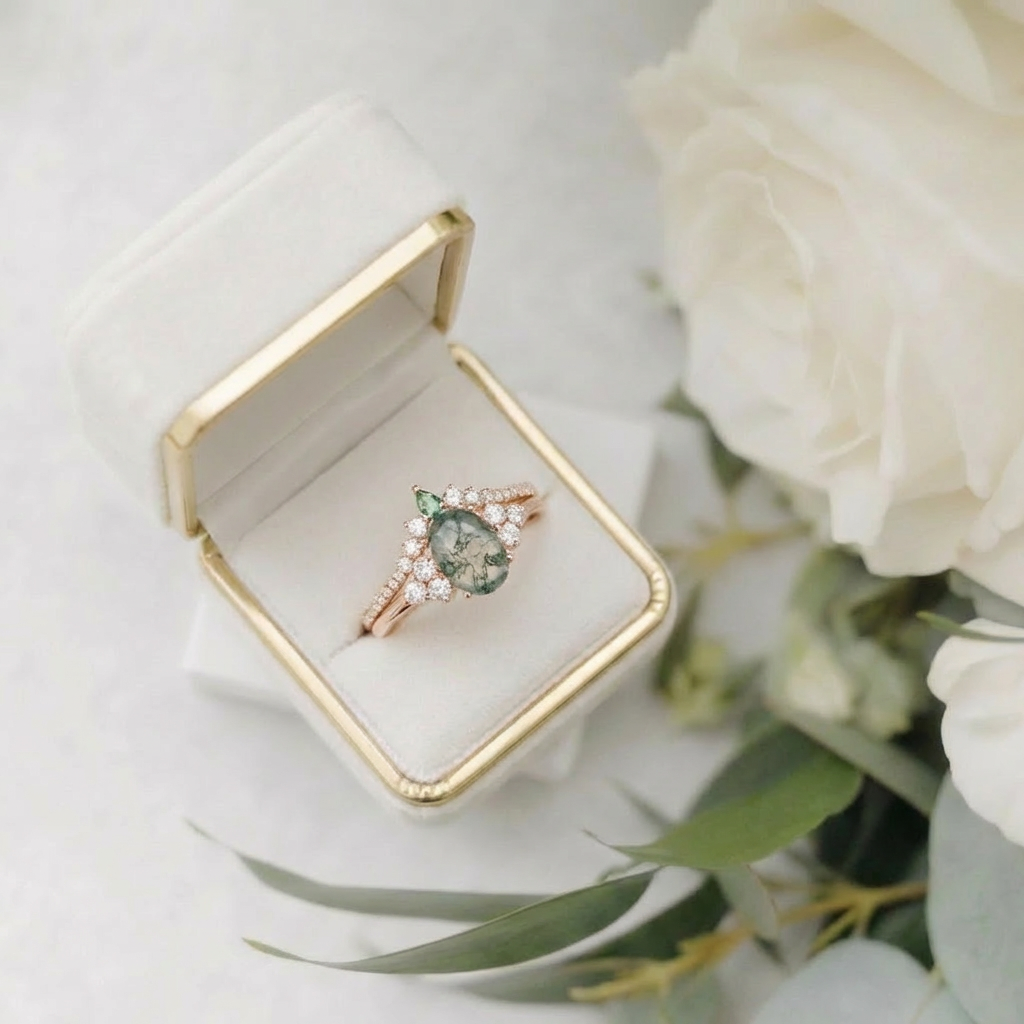 Mossy Meadow Charm - Natural Moss Agate Moissanite Ring