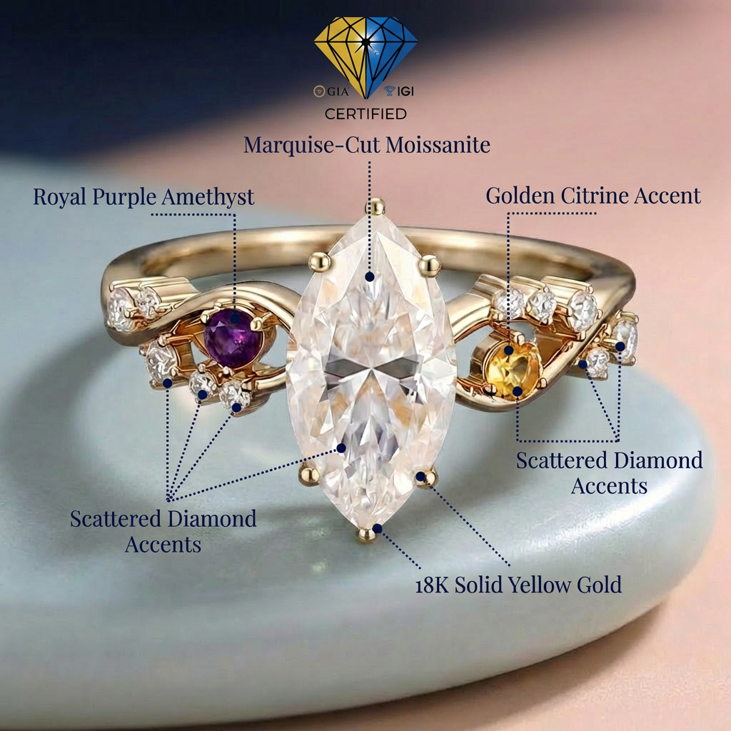 Rapunzel's Dream Ring - 10K / 14K / 18K Solid Gold Natural Gemstone Moissanite Ring