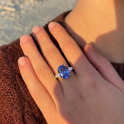 Truly Blue Mirage - 18K Gold plated Oval-cut Sapphire Silver Ring