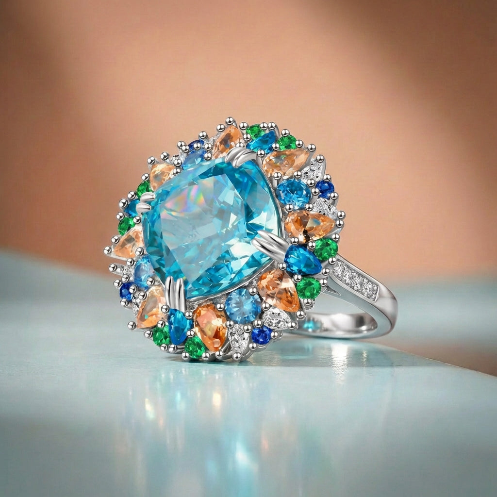 Truly Verdant Light - 5CT Aquamarine Radiant Crystal Cocktail Ring