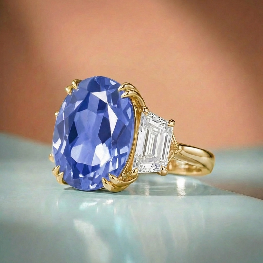 Truly Blue Mirage - 18K Gold plated Oval-cut Sapphire Silver Ring