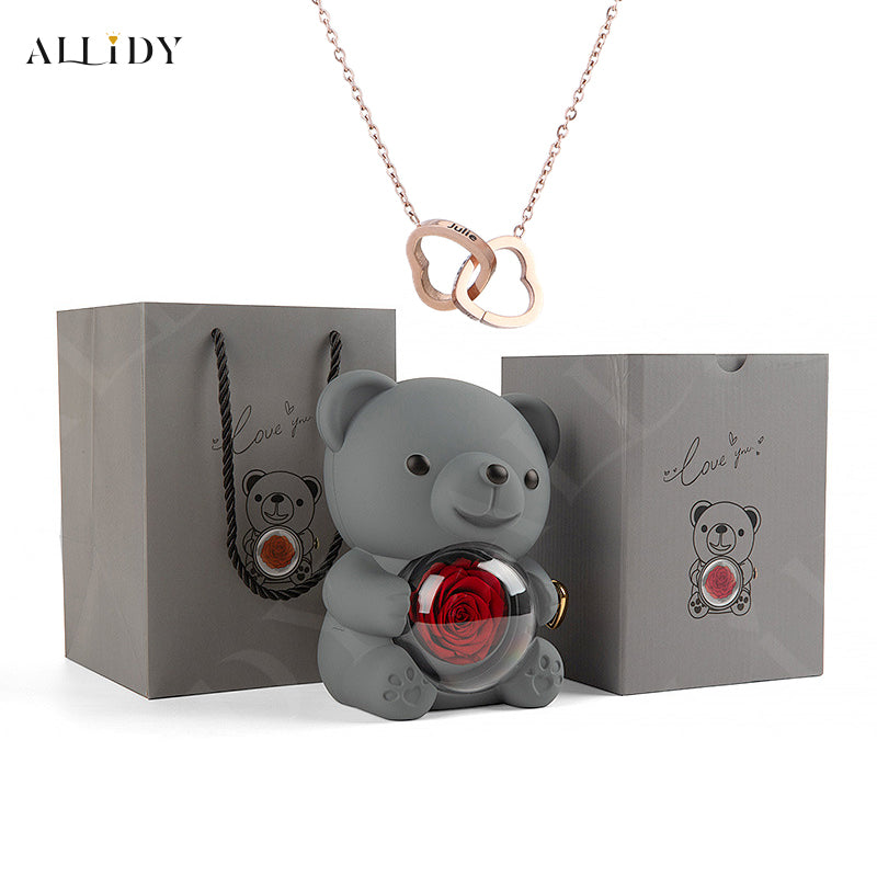Truly Preserved Eternal Rose Bear Box & Customized Necklace for Mom, Wife, Girlfriend and Grandma on ValentinesDay, Mothers Day
