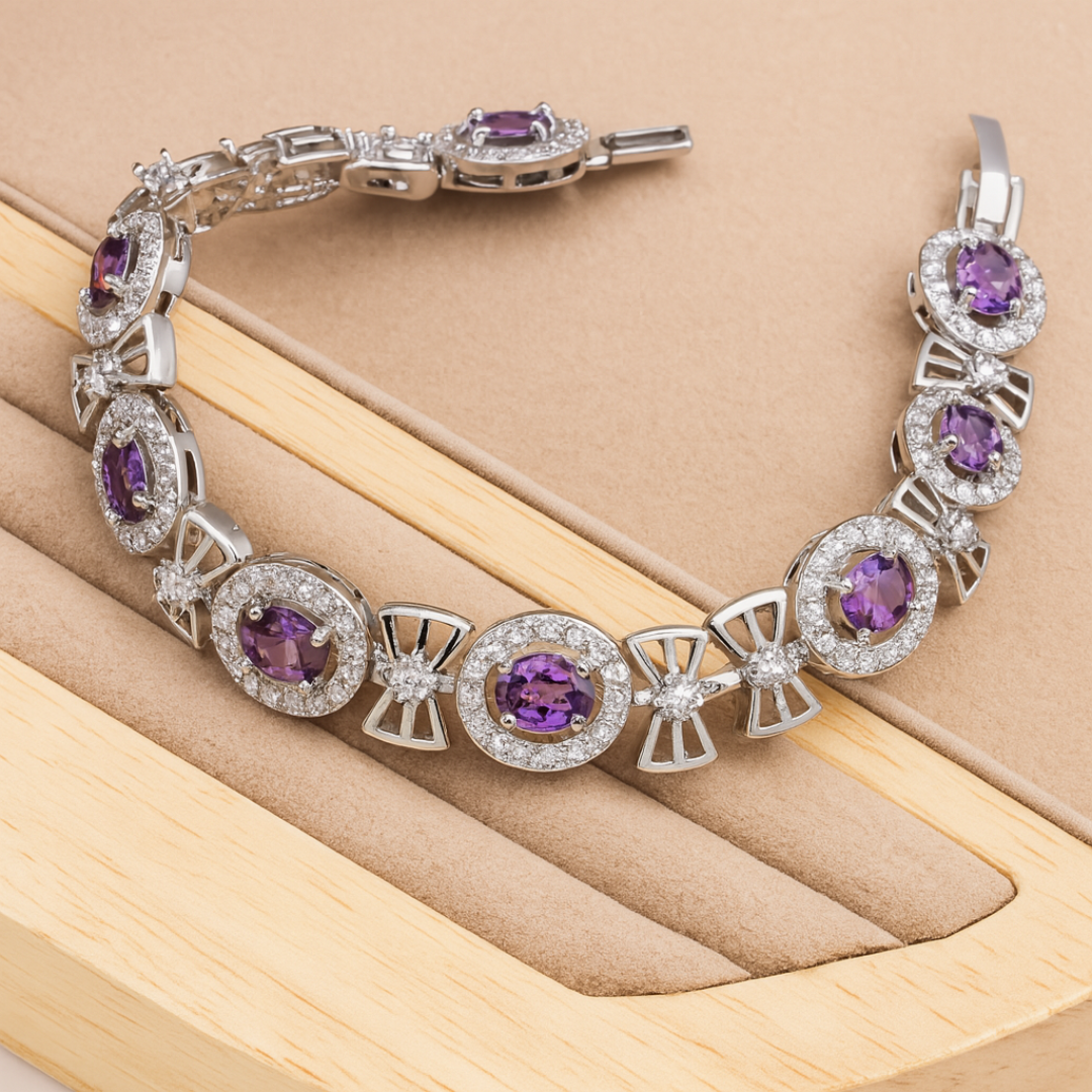 TrulyChoose amethyst jewelry set for women featuring silver bracelet with oval purple gemstones and clear accent stones