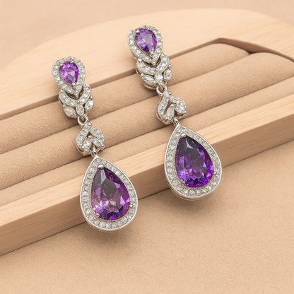 TrulyChoose amethyst jewelry set for women featuring teardrop purple gemstones with silver and clear crystal accents